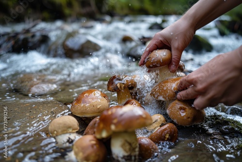 person washing freshly gathered mushrooms by a stream