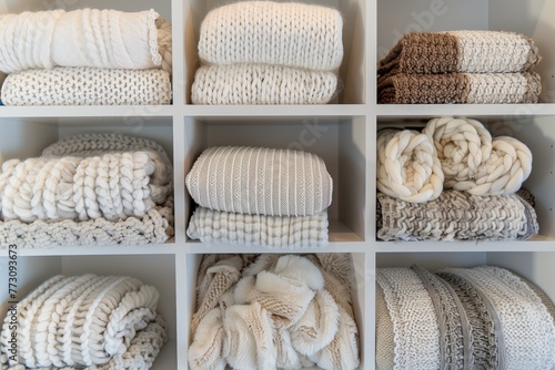 a series of cube shelves filled with different textured baby blankets