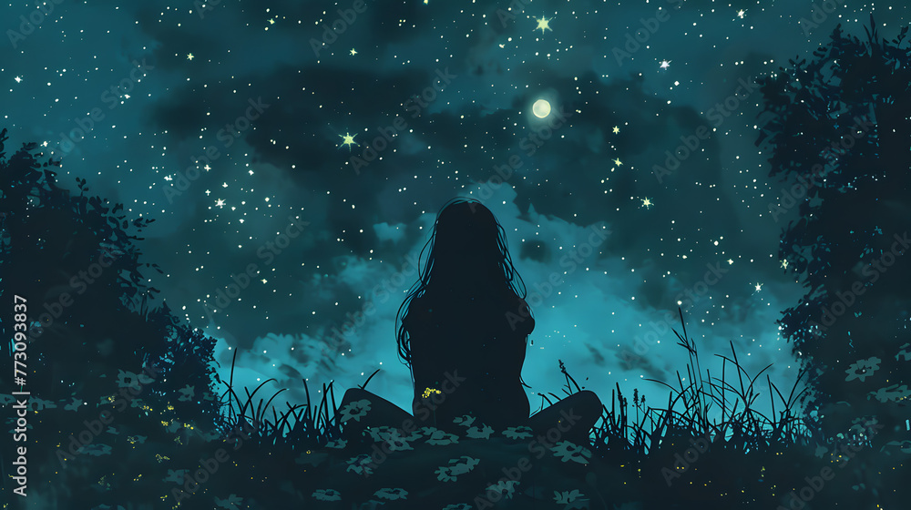 Anime girl stargazing. Cute girl looking at the night sky. Atmospheric, moody feeling. Manga, lofi style. Sad beautiful background. 4K night. With clouds and stars. Anime girl stargazing. Cute girl looking at the night sky. Atmospheric, moody feeling. Manga, lofi style. Sad beautiful background. 4K night. With clouds and stars.