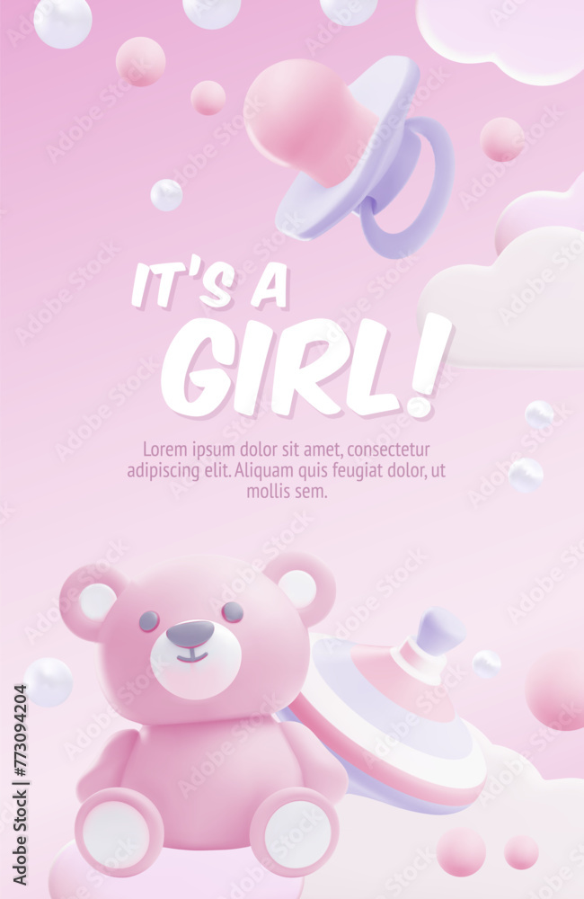 Poster with a bear, a spinning top and a pacifier on a pink background. Poster with a bear, a spinning top and a pacifier on a pink background.