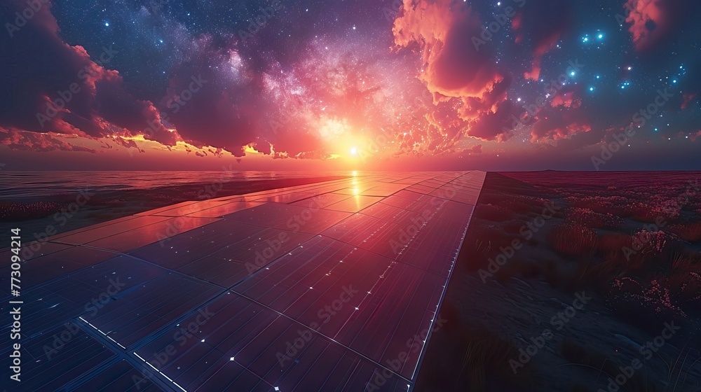 Surreal landscape with solar panels under a starry sky at sunset ...