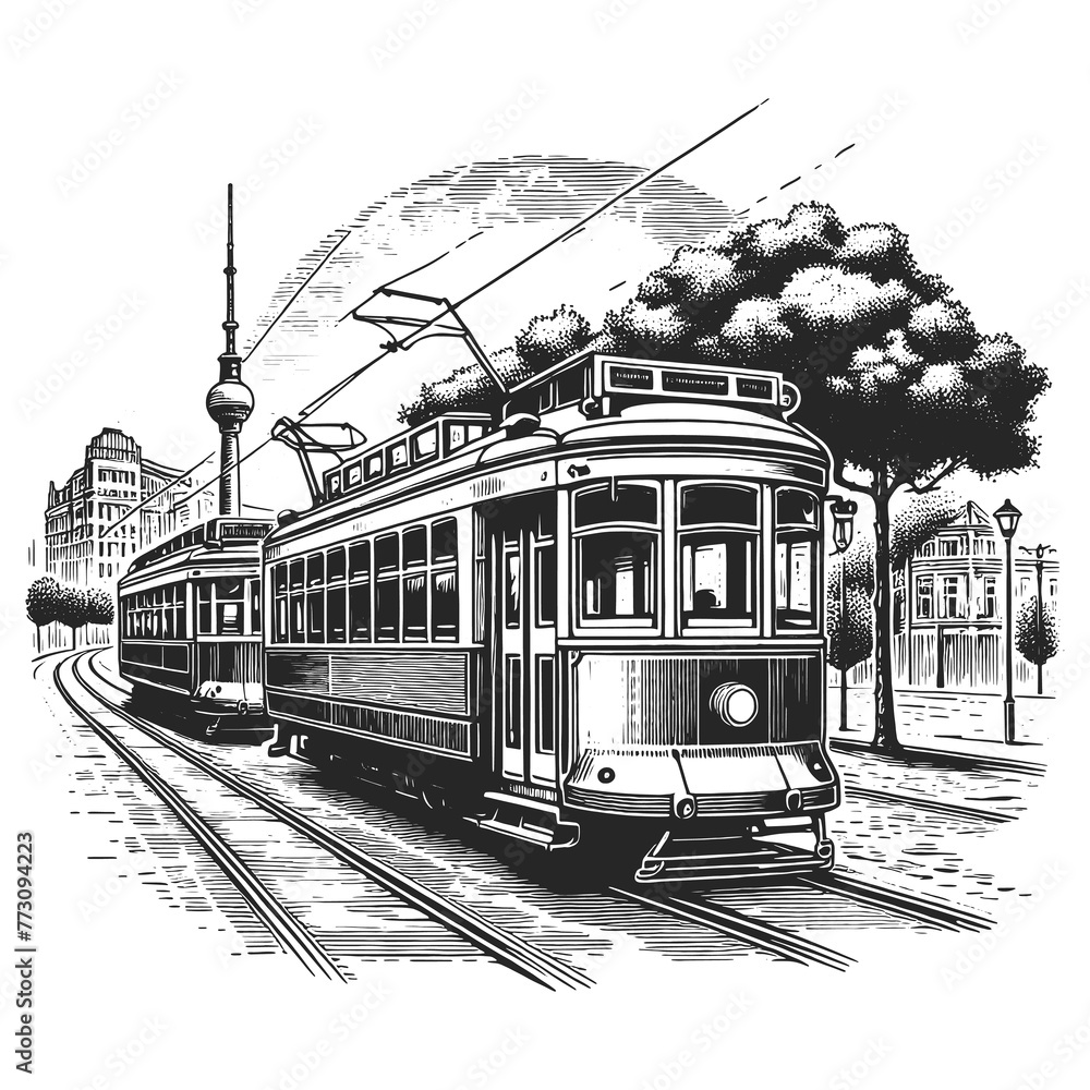 classic tram moving along an urban street with buildings and trees in the background sketch engraving generative ai raster illustration. Scratch board imitation. Black and white image.