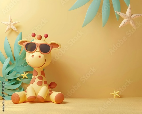 Summerthemed 3D cartoon animal, empty gradient space, diagonal angle photo