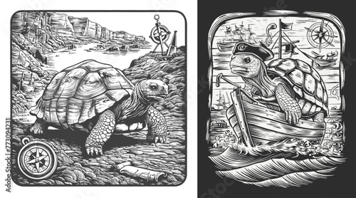 Vintage tortoise adventure illustration. Generative AI.