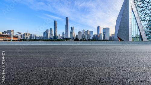 Asphalt road and modern city buildings in Guangzhou. Panoramic view.