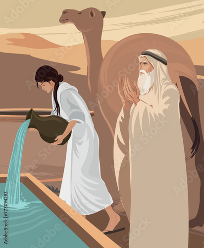 Biblical vector art. Rebekah at the well. Rebekah giving water to Abraham's servant, camels Bible Genesis 24: 17-20