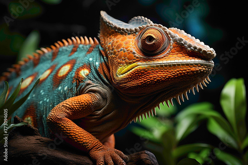 A cute chameleon with vibrant green and orange hues, perched on a lush branch against a dark green background. The details of its scales and texture are captured in high definition. © Animals