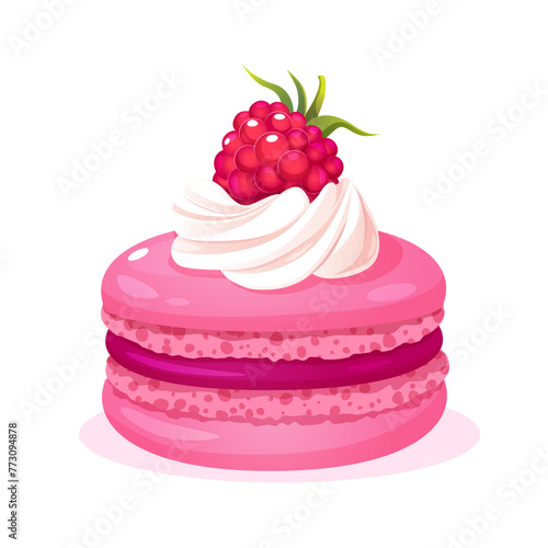 Vector yummy French dessert macaron with raspberry flavor decorated cream and whole raspberry.
