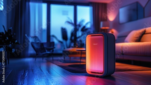 Glowing air purifier in dark room Fight dust and pollen photo