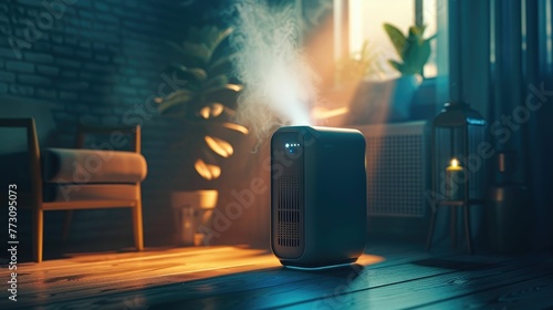 Glowing air purifier in dark room Fight dust and pollen photo