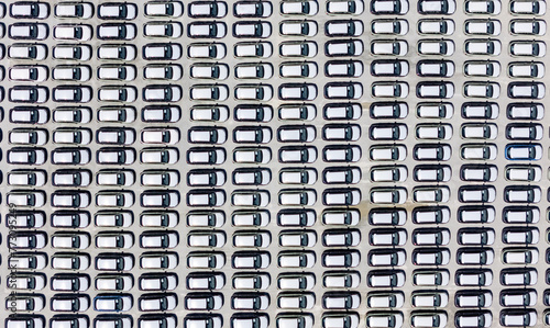 Aerial top view photo from flying drone, New parking lot ready for boat for import export around in the world transport At the deep sea port