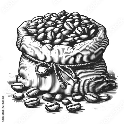 burlap sack bag coffee beans, a symbol of global trade and gourmet culture sketch engraving generative ai raster illustration. Scratch board imitation. Black and white image.