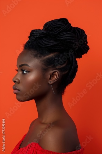 Profile view of a woman's intricate twisted bun hairstyle against a vibrant orange background