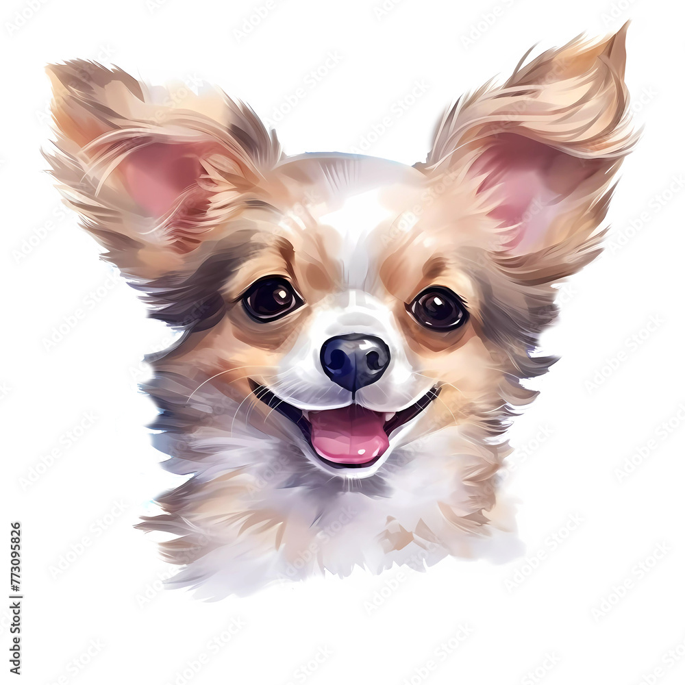 Laughing dog with large ears and fluffy fur looking straight ahead, watercolor style