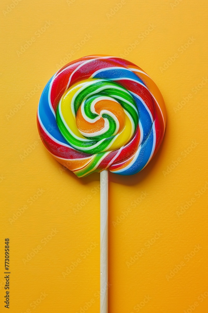 multi-colored lollipop on a yellow background, top view. generative ai multi-colored lollipop on a yellow background, top view. generative ai
