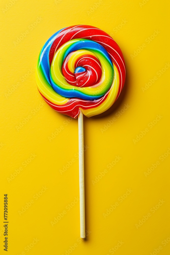 multi-colored lollipop on a yellow background, top view. generative ai multi-colored lollipop on a yellow background, top view. generative ai