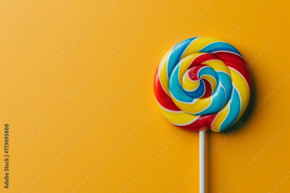 multi-colored lollipop on a yellow background, top view. generative ai multi-colored lollipop on a yellow background, top view. generative ai