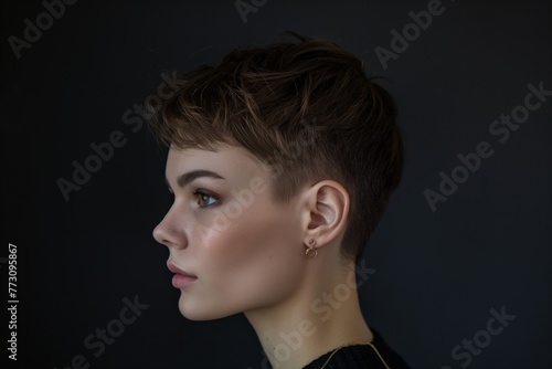 Side profile of a young woman showcasing her trendy pixie haircut