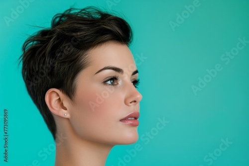 Profile view of a young woman with a stylish pixie haircut against a turquoise background