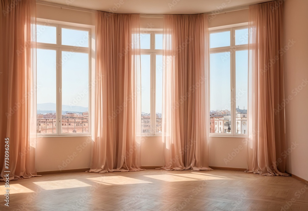 Delicate Tranquility: Backlit Window with Beige-Pink Curtains