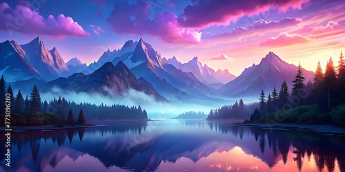 beautiful lake at sunset in the mountains. high quality illustration