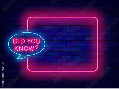 Quiz neon banner. Show and game. Trivia night. Greeting card. Empty white frame and did you know text. Exam and competition. Glowing flyer. Editable stroke. Vector stock illustration