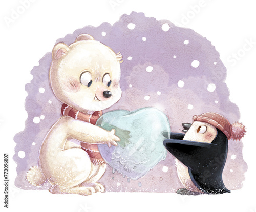 Polar bear and penguin with ice heart © cirodelia