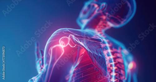 3D illustration of shoulder pain  closeup on the upper back with focus on an arthritic bone structure and joint area