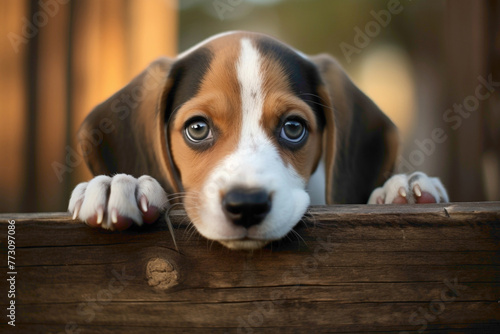 A curious beagle pup with soulful eyes peering through a wooden fence, nose pressed against the gaps, capturing a moment of innocent exploration and yearning. photo
