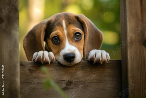 A curious beagle pup with soulful eyes peering through a wooden fence, nose pressed against the gaps, capturing a moment of innocent exploration and yearning. photo