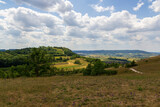 Panorama with hill Rodenstein and footpath seen from mountain Walberla in Franconian Switzerland, Germany