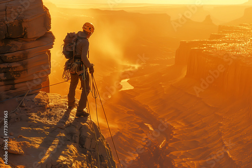 A solitary rappeller looks over a canyon bathed in the light of dusk, in an inspiring AI-generated landscape photo