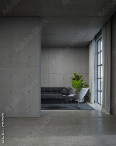 Empty concrete wall with sofa and window. 3d rendering of interior space with sea background.