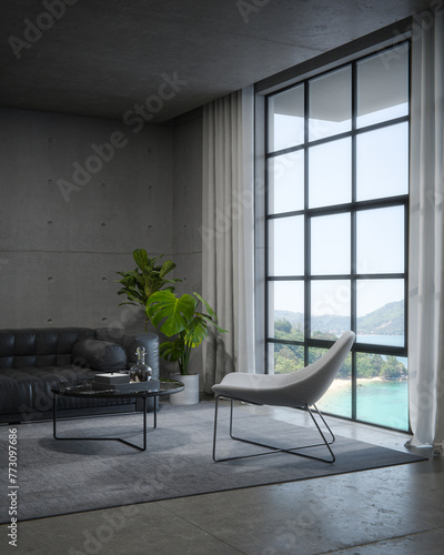 Empty concrete wall with sofa and window. 3d rendering of interior space with sea background.