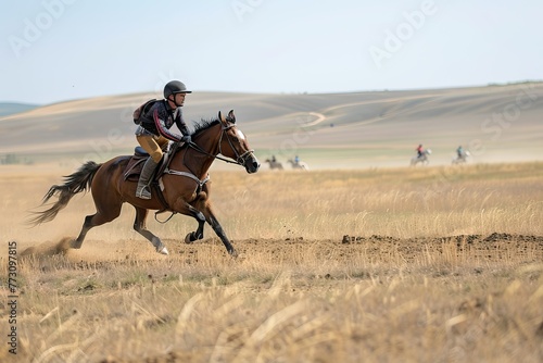 Equestrian riding through fields at race