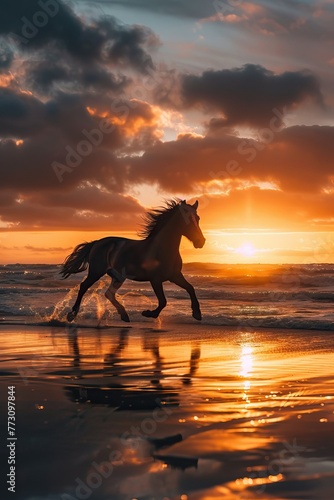 Silhouette of horse running on beach at sunset © BetterPhoto