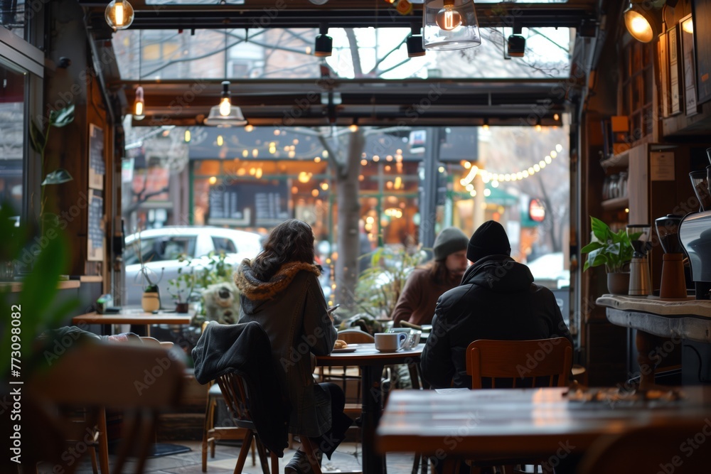 Patrons enjoying a warm atmosphere in a café with open view to the urban street outside. AI Generated. Patrons enjoying a warm atmosphere in a café with open view to the urban street outside. AI Generated.