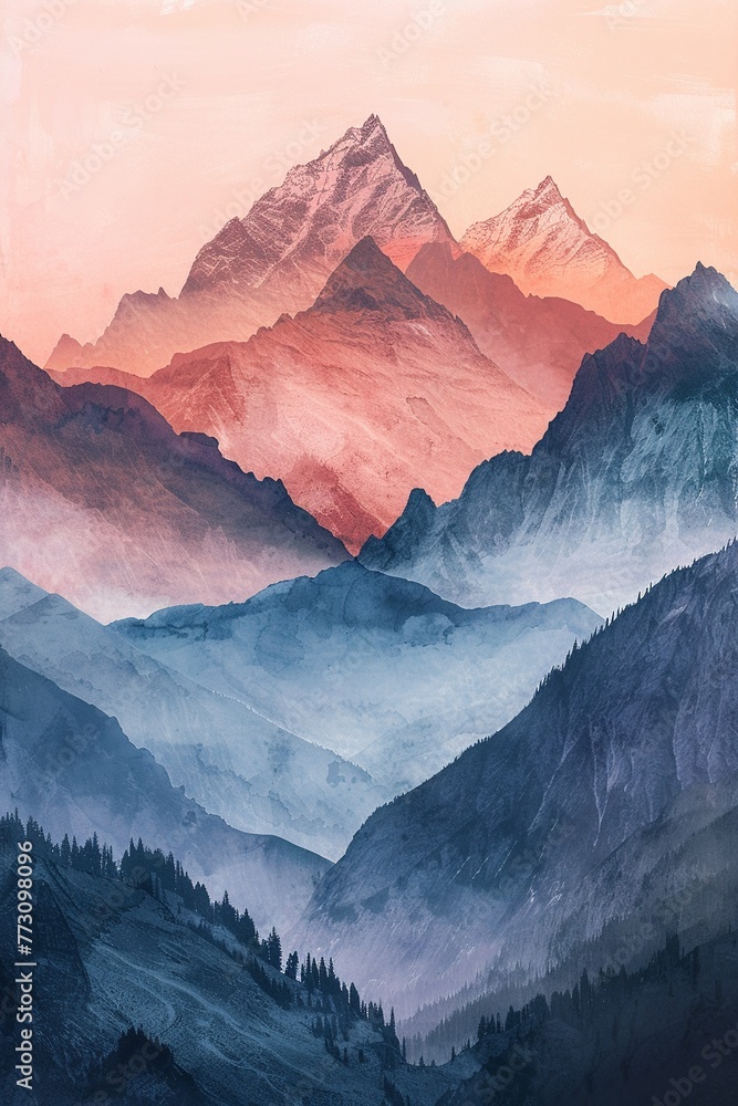 Obraz premium Earthy toned mountain range, watercolor with gradient sky, 8K, majestic and peaceful panorama