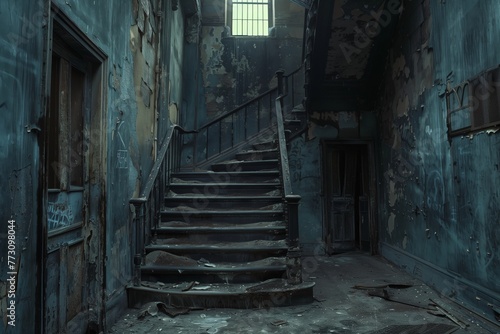 A hauntingly empty staircase winds through the gloomy interior of an abandoned building  surrounded by decay. AI Generated.