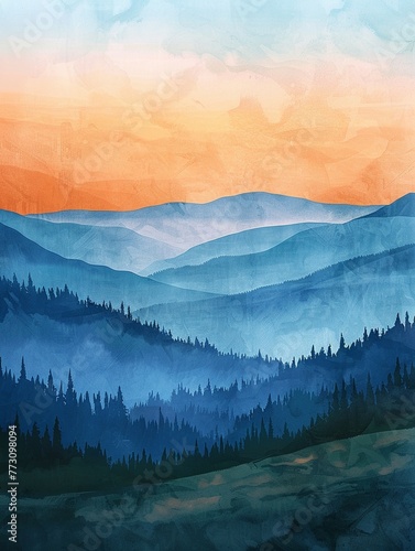 Mountain range watercolor, gradient sky, earthy tones, 8K resolution, tranquil and vast landscape