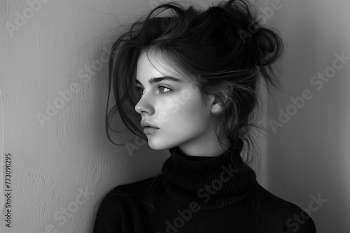An evocative black and white portrait showing a young woman's contemplative side glance, with a minimalist fashion aesthetic. AI Generated.
