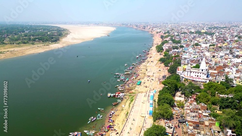 Fototapeta Naklejka Na Ścianę i Meble -  Aerial view of Varanasi ganga ghat and temple 