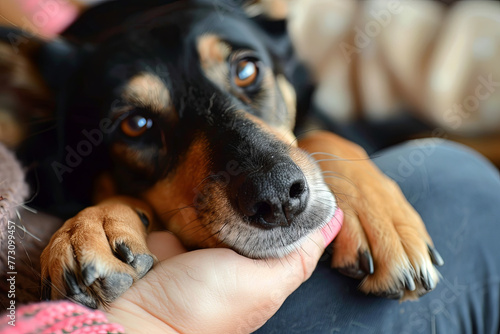 Dog pressing his paw against a woman hand 