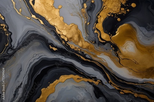 Abstract fluid art painting in alcohol ink technique, mixture of black, white and gold paints