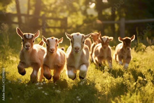 A cluster of playful baby goats frolicking in a sunlit meadow, their tiny hooves leaving imprints on the soft grass as they leap and bound with glee. photo