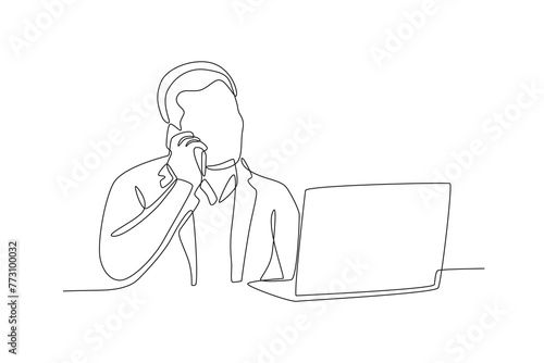 business man is on a call seriously while looking at laptop.Business call one-line drawing