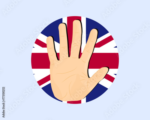 United Kingdom flag with hand stop sign, protest and human rights idea