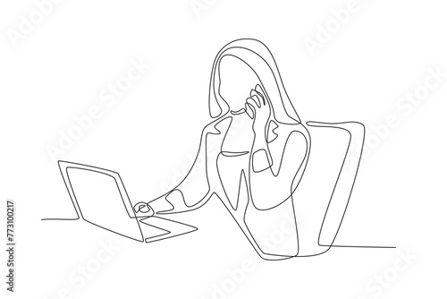 business woman is on the phone while looking at the laptop.Business call one-line drawing