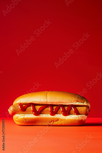 photo of a hot dog on a soft white bun, bread roll with ketchup on a plain red  background with copy space