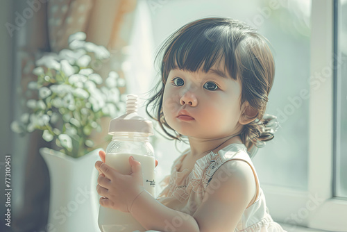 Pretty baby girl is drinking milk in a bottle
